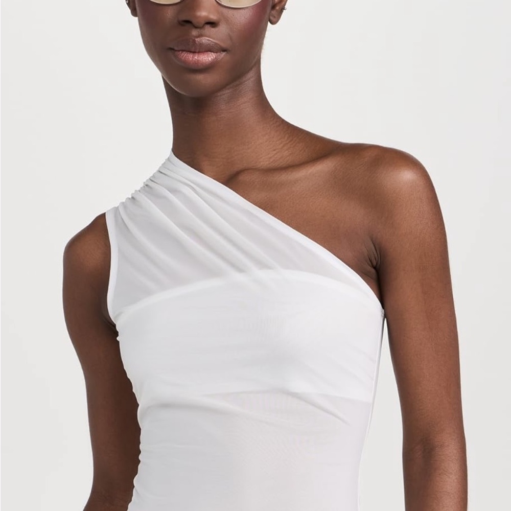 Miaou One-Shoulder White Mesh Trim Top